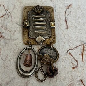 Artisan Baer SF textured rectangular brooch hanging beads in brass copper silver